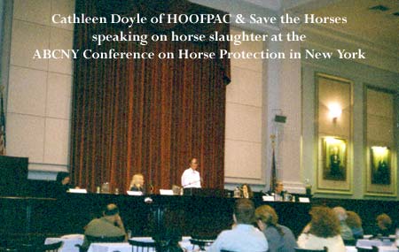 Cathleen Doyle, HOOFPAC & Save The Horses speaking at the  ABCNY Horse Protection Conference on horse slaughter.